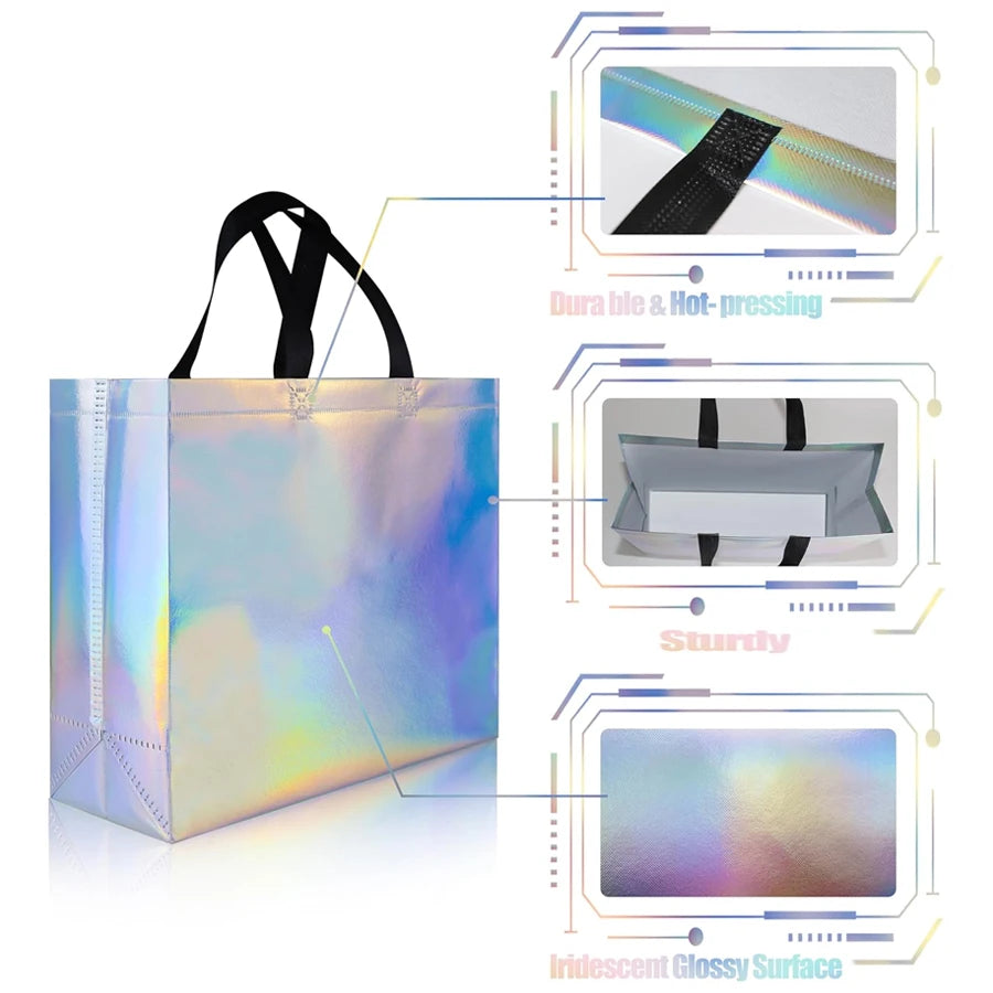 Tejesa Glossy Rainbow Gift Bag 6/12Pack, 12.6x4x10.6 Inch Reusable with Handles & Base for Birthday Wedding Christmas Party