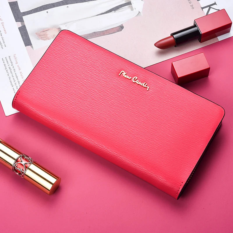 Pierre cardin women's wallet with zipper card ladies purses genuine leather wallets for women Red