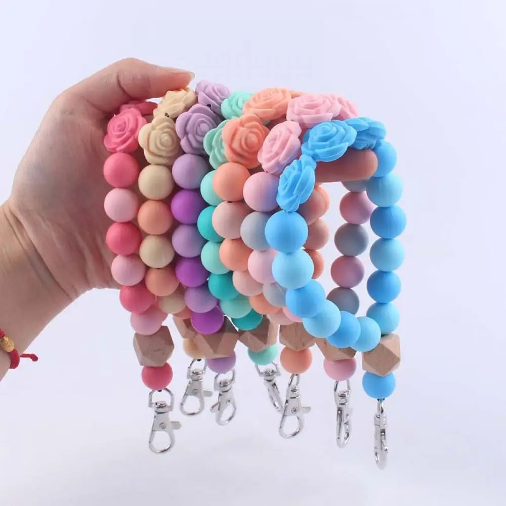 Hemasa Colorful Rose Silicone Beads Keychain Lobster Clasp Bracelet Keyring For Women