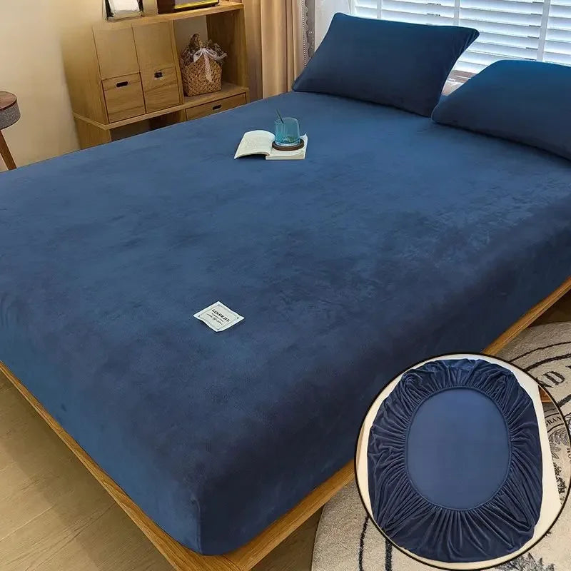 Cozy Coral Fleece Bed Sheet Set - Thermal Elastic Mattress Cover, Winter Luxury Double Size Bedding for Cold Nights