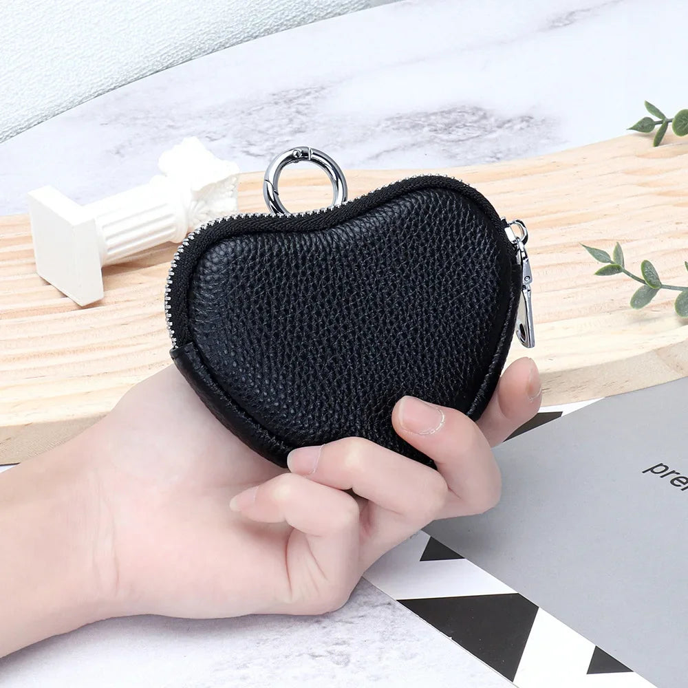 Love Coin Purse Heart Wallet Fashion Heart Shape Womens Zipper Small Wallet with Key Ring Genuine Leather Coin Purses for Girls
