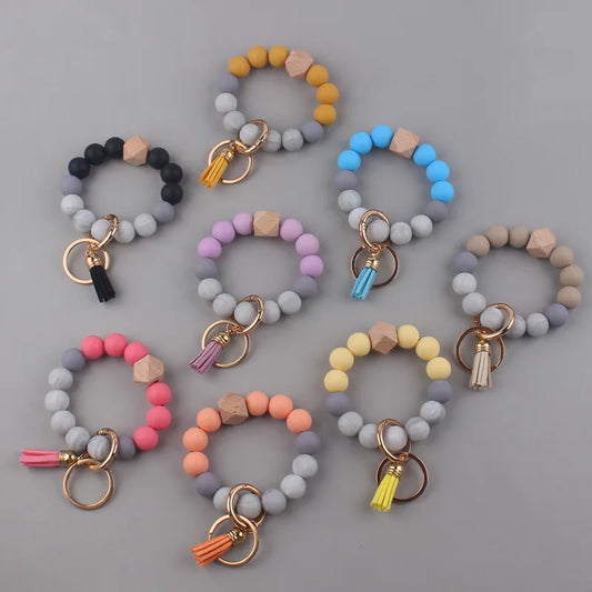 Creative Wooden Silicone Round Beads Keychain Men Women Anti-Loss Keyring For Lobster Clasp Tassel Bracelet Keychain Jewelry