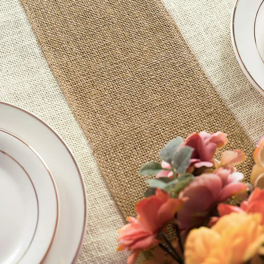 Tejesa Burlap Table Runner Long Farmhouse Table Runner Jute Runner Woven Fabric Light Colour Edge