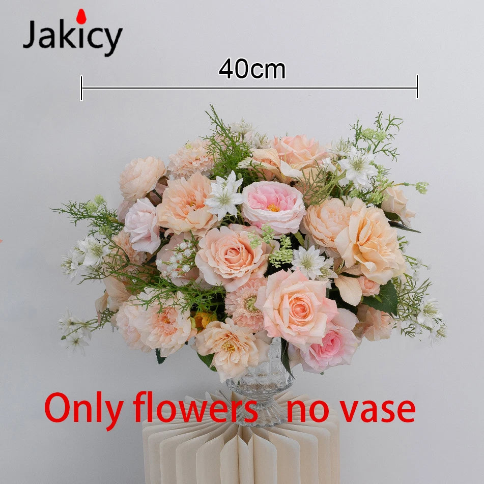 Luxury Champagne Rose Peony Green Leaf Table Runner Floral Event Road Lead Floor Flower Wedding Arch Deco Flower Row Arrangement