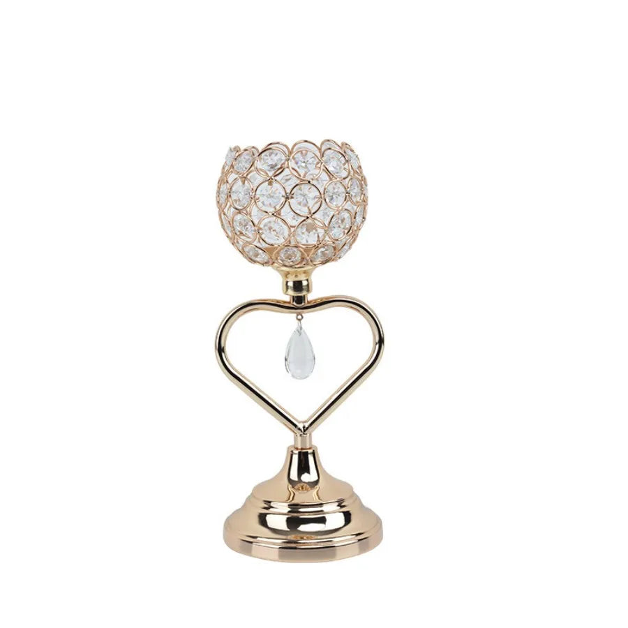 Hemasa Golden Crystal Candle Holder Dwarf Tealight Candle Holders/Iron Heart Candlestick/ Small Vintage Candlestick Set for Table