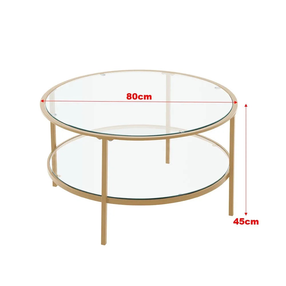 2 Tier Round Glass Coffee Table Side Table Gold Frame