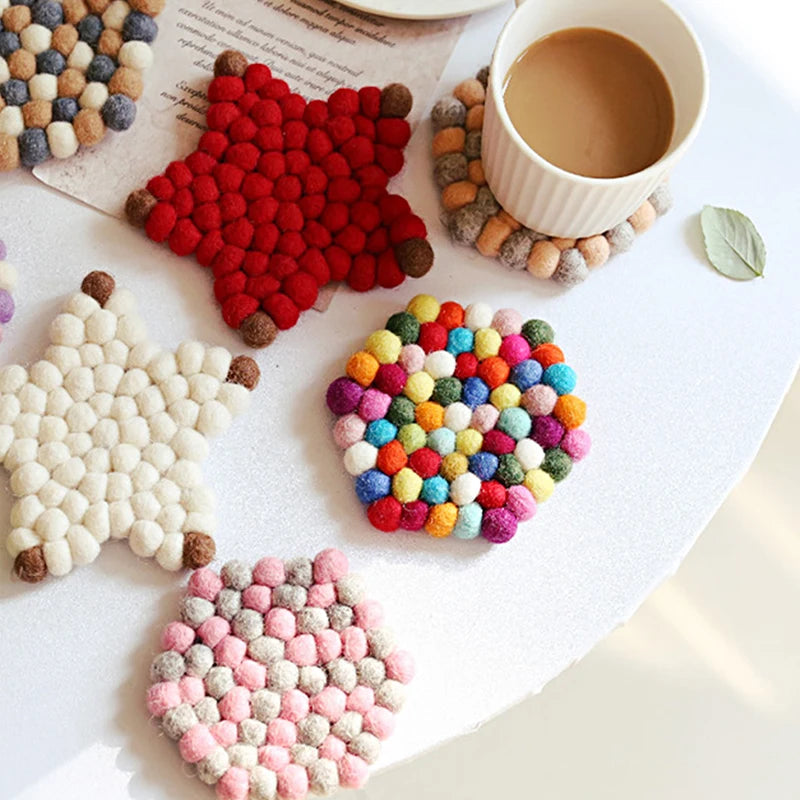 Hemasa Colorful Wool Felt Balls Coaster Hexagon /Heart /Star Shape Coasters