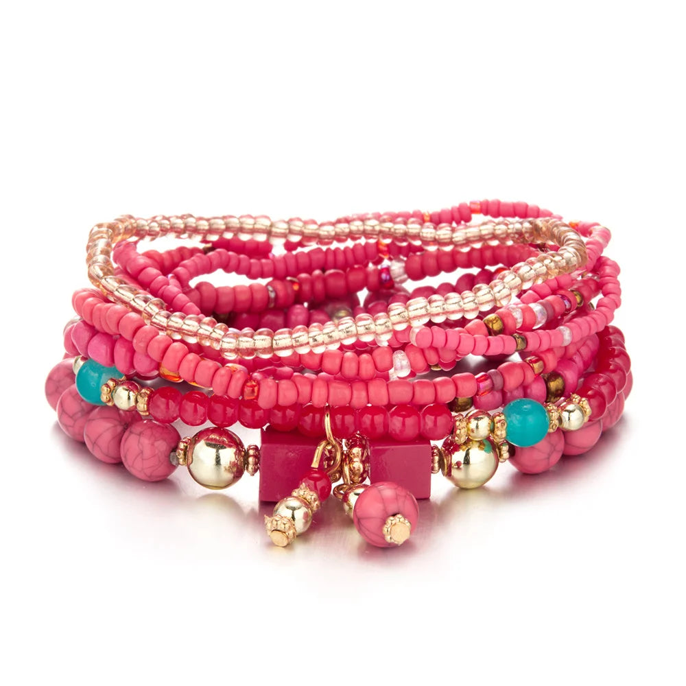 Bohemian Dopamine Colorful Beads Bracelet Set For Women Lady Handmade Elastic Multilayer Bangle Jewelry New Accessories