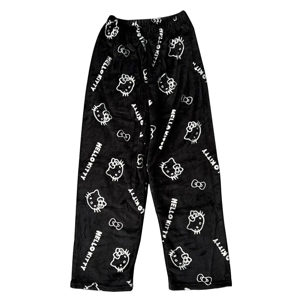 Hemasa  Hello Kitty Flannel Pajamas Black Women'S Warm Woolen Cartoon Casual Home Pants In Autumn Winter Fashion Trousers