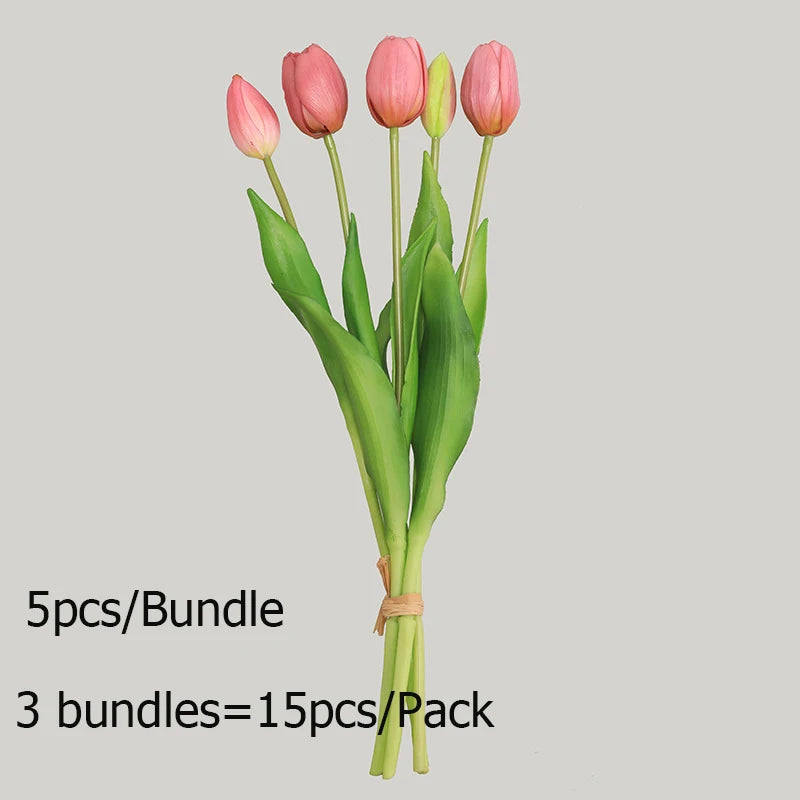 Tejesa 15pcs Real Touch Artificial Tulip Flowers Pink White Latex Tulip Bouquets for Office Wedding Party Home Room Decoration