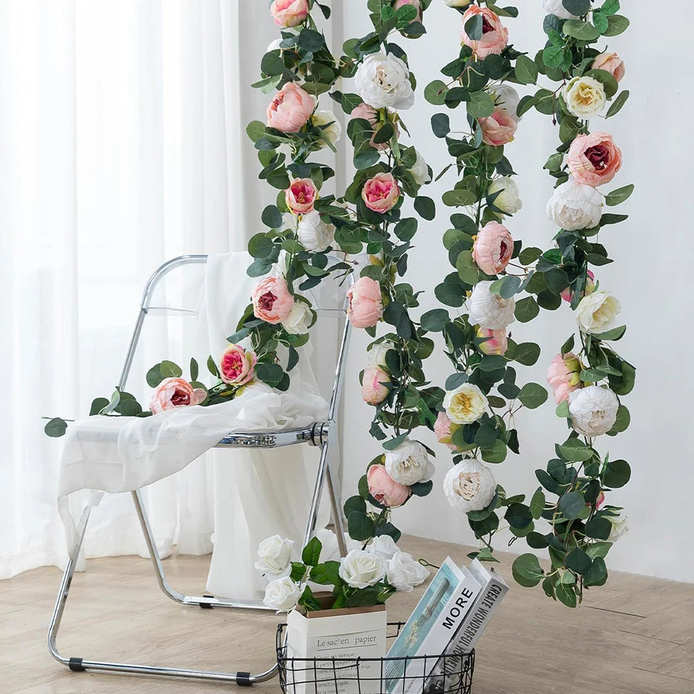 Tejesa Artificial Peony Flowers Eucalyptus Garland Floral Greenery Vines for Wedding Arch Table Wall Backdrop Party Home Decor