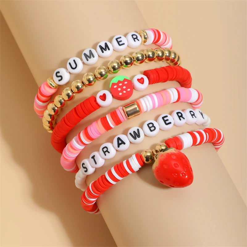 Cute Strawberry Beaded Bracelets Set for Women Boho Soft Ceramic Lettet Love Bracelet Charm Handwoven Stretch Rope Party Jewelry