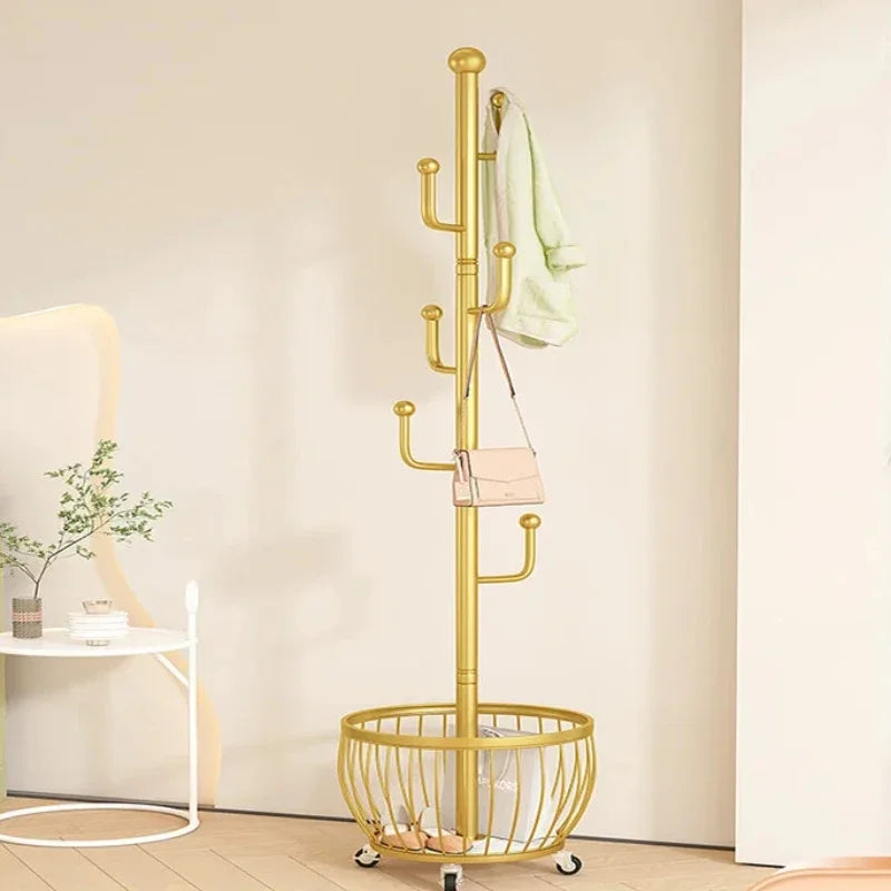 Standing Coat Rack with Basket, Entryway Coat Hanger Stand, Mobile Clothes Storage Rack with Wheels, Hallway