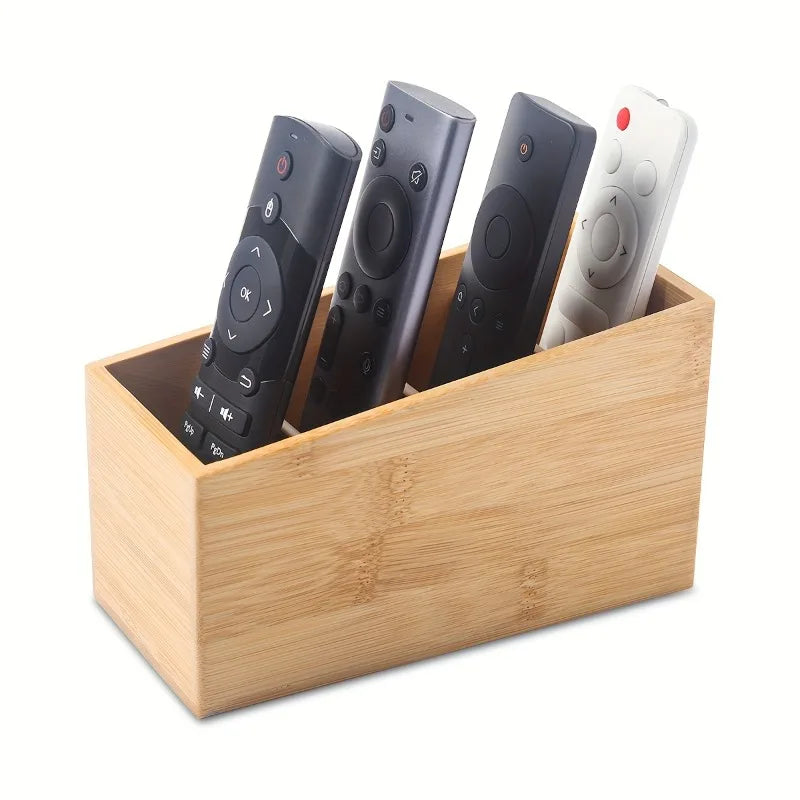Wooden 4-Slot Remote Control Organizer Box - Desktop Storage for TV AC Remotes and Smartphones