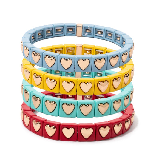 8mm Square Shape Love Bangle For Women Rainbow Color Peach Boho Enamel Elastic Beads Bracelets