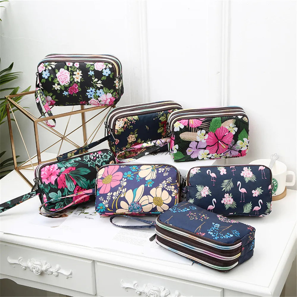 Hemasa 3 Zipper Women Waterproof Purse Cell Pouch Handbag Wallet Wristlet Bag Women'S Fabric Coin Purse Bag Mobile Wallet Clutch Bag