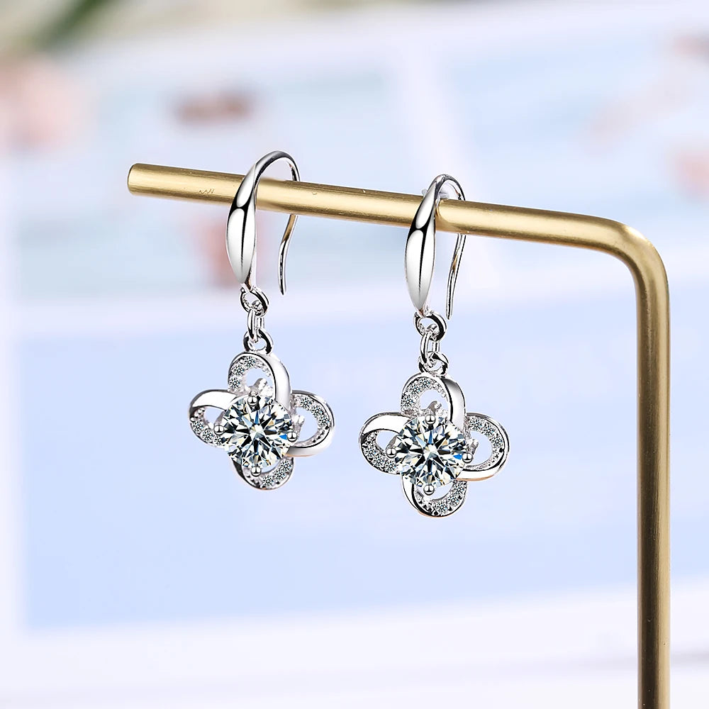 925 Sterling Silver Jewelry Sparkling Zirconia Clover Flower Twist Windmill Forever Drop Earrings For Women
