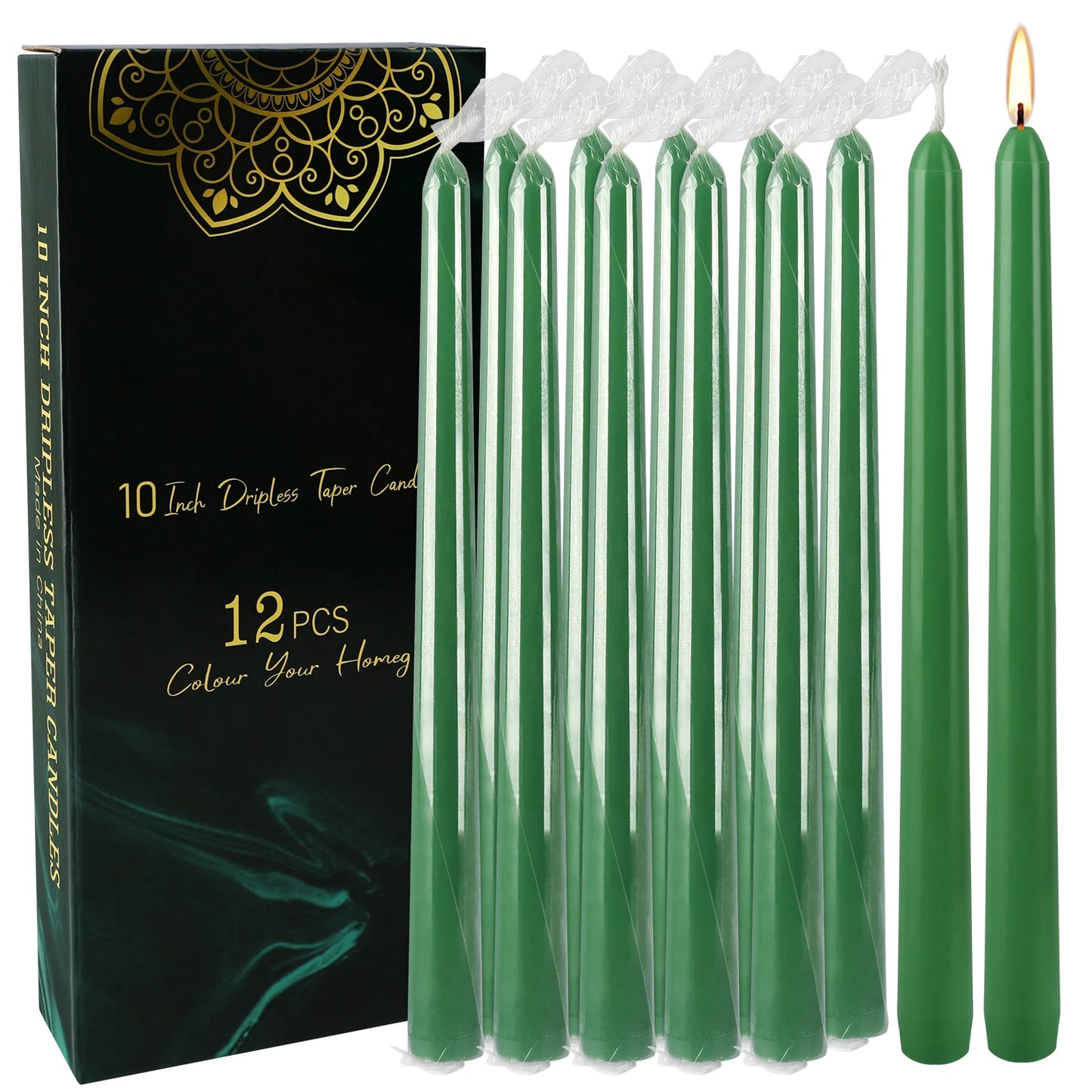 Hemasa 12 Pcs 10inch Green Rod Wax, Drip-Free, Smoke-Free, Fragrance-Free, Home Dinner Candle