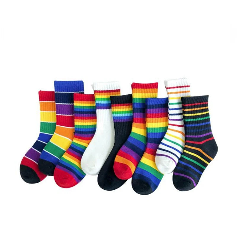 Children Socks Cotton Colourful Stripe Stockings Fashion Rainbow Print  For Girls Boys Crew Ankle Kids Long Socks