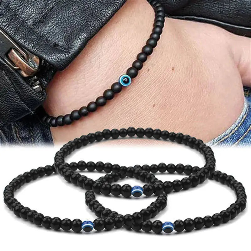 14PCS Turkish Evil Eyes Bracelet Black Natural Stone Beads Obsidian Men Braslet for Women Men Yoga Hand Jewelry Accessories