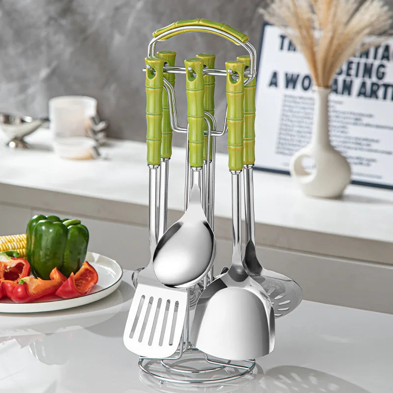 Hemasa 7pcs Stainless Steel Spatula Soup Spoon Kitchenware Set Cooking Spatula /Ceramic Handles