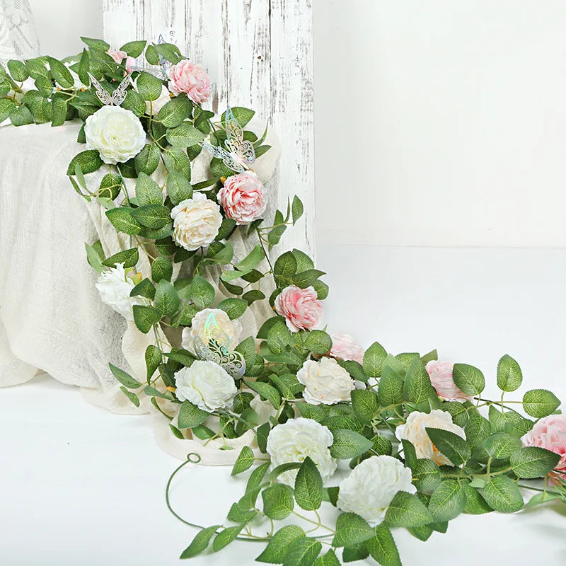 Wall Hanging Pink Silk Peony Artificial DIY Home Garden Decoration Artificial Flower Garland Green Plants Big Flowers Vines