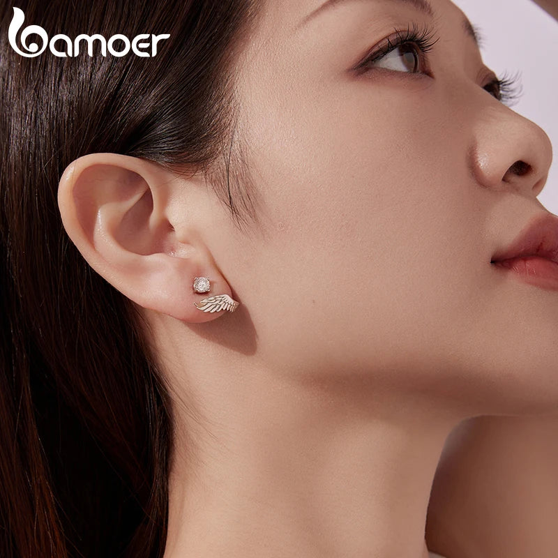 BAMOER 0.5CT Angel Wing Moissanite Stud Earrings, Symmetrical Cartilage Climber Earrings Round Cut Lab Created Diamond for Women
