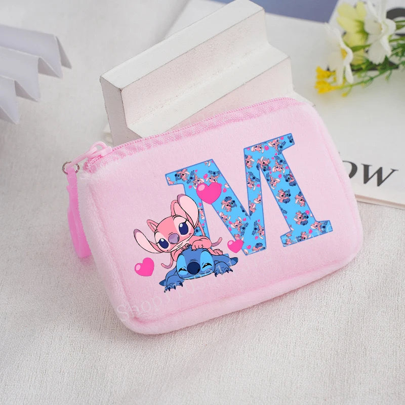 Disney Stitch Plush Coin Purse Cute Anime Cartoon A-Z Letter Stich Printed Wallet Kawaii Girls Earphone Storage Zipper Bag Gifts