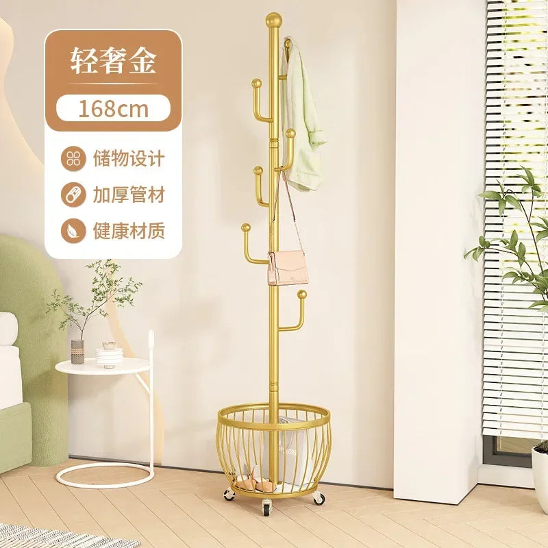 Standing Coat Rack with Basket, Entryway Coat Hanger Stand, Mobile Clothes Storage Rack with Wheels, Hallway