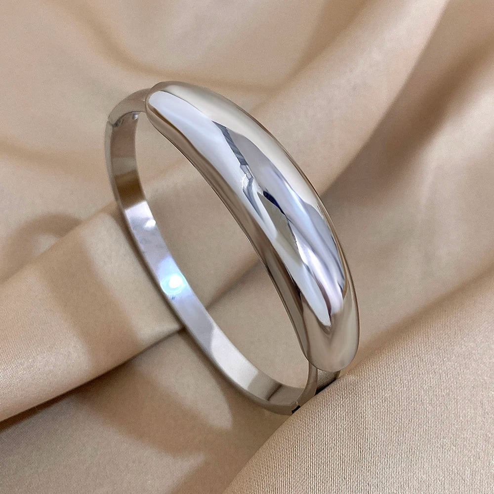 Greatera Fashion Smooth Curved Stainless Steel Cuff Bracelet Bangles for Women Gold Plated Chunky Waterproof Pulseras Jewelry