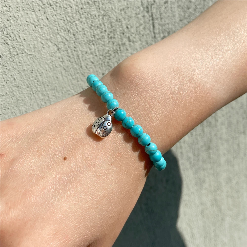 Fashion Animal Ladybug Pendant Bracelet Natural Stone Quartz Turquoises Beads Charm Bracelets Women Men Cute Lucky Jewelry Gift