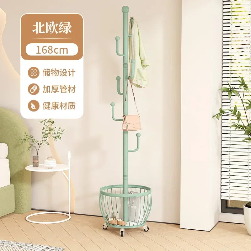 Standing Coat Rack with Basket, Entryway Coat Hanger Stand, Mobile Clothes Storage Rack with Wheels, Hallway