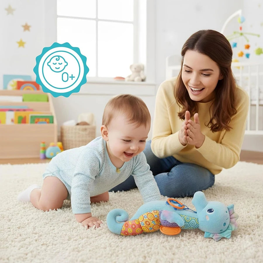 Tejesa Baby Toys 0-6 Months Infant Musical Seahorse Stuffed Animal Plush Toy with Rattle Soft Newborn Toy for 0 6 9 12 Months Baby Boys