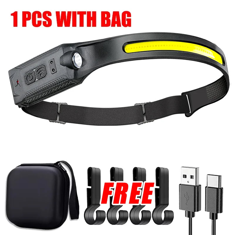 Hemasa LED COB Induction Headlamp USB Rechargeable Lamp with Built-in Battery Camping Fishing Running Headlight Working Lantern