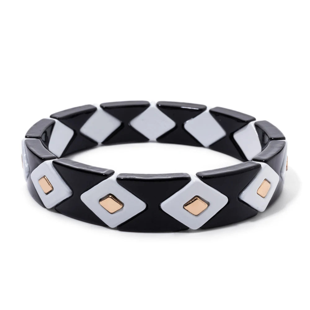 Tejesa Black Theme Enamel  Beaded Elastic Bangle Bracelet For Women