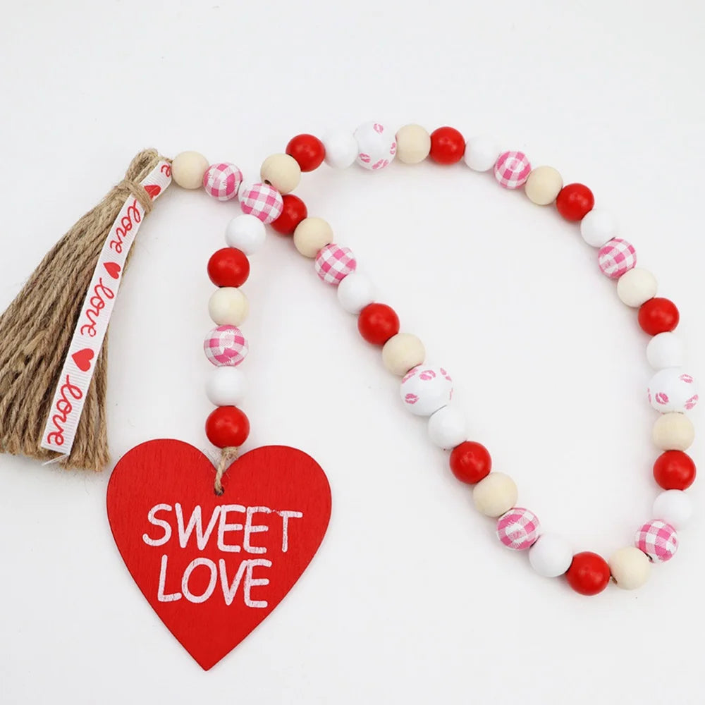 Freeship Sweet Love Wood Beads Garland Valentine’s Day Tiered Tray Decors Beaded Garland with Tassels Heart Shaped Pendant