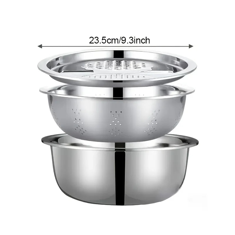 Tejesa 3 in 1  Kitchen Kit with Stainless Steel Multifunctional Mixing Bowl Vegetable Slicer - Suitable for Cleaning and Slicing Fruits