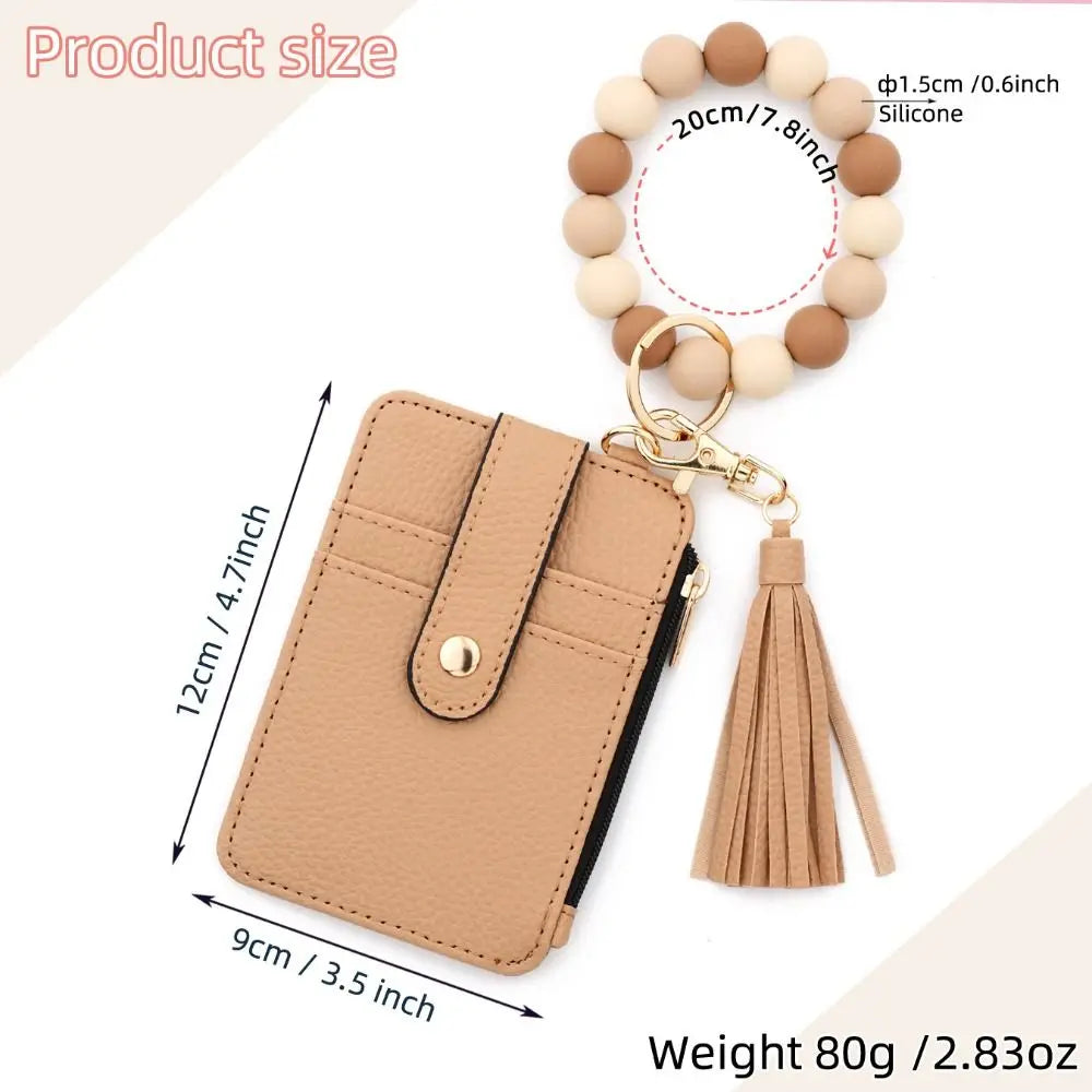Hemasa Bohemian Style Card Holder Bracelet Keychain Floral Design Faux Leather Beaded Tassel Keychain Tassel Beaded Detail