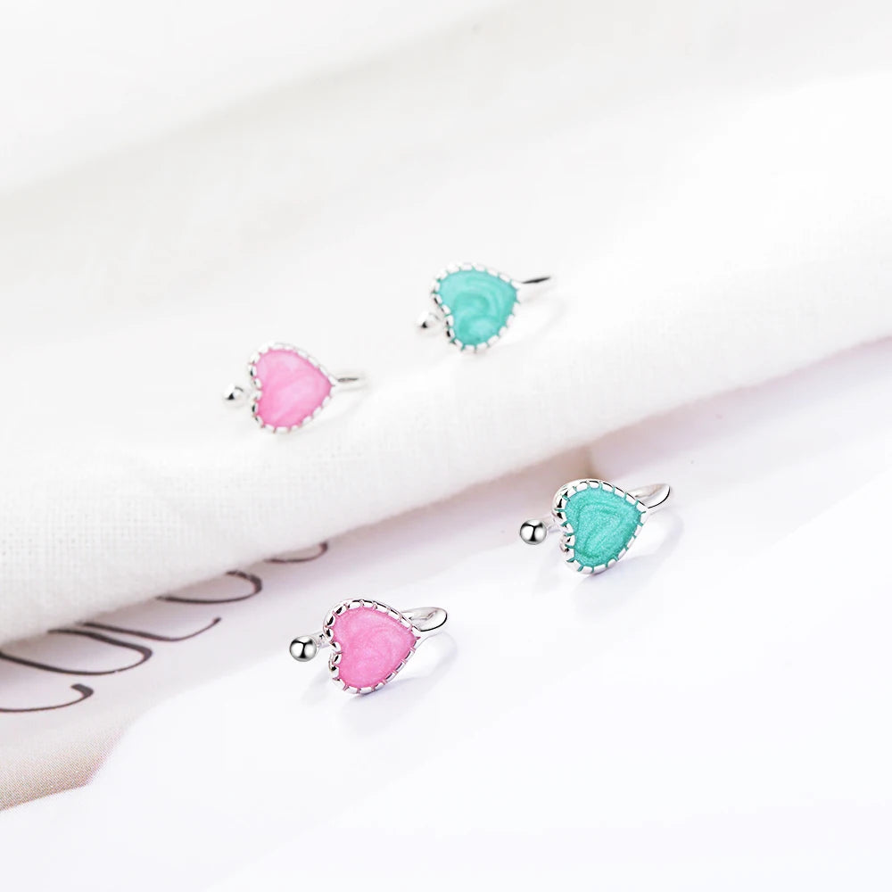 Fashion Childer 925 Silver Pink Green Enamel Cute Heart Clip Earring For Baby Girl Women Beautiful Party Earring Jewelry Eh312