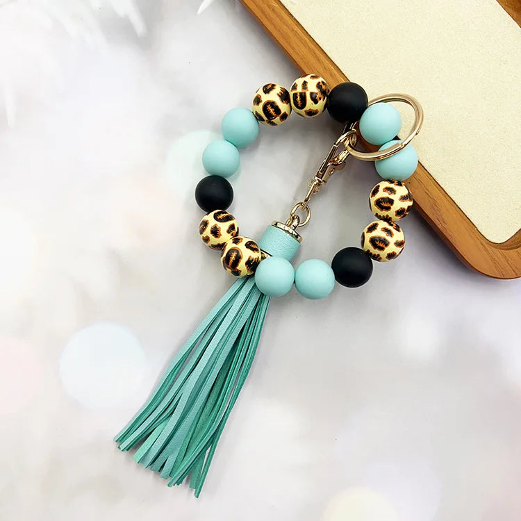 Leopard Print Acrylic Bead Bracelet, with PU Leather Tassels AndKeychain Bag Pendant, Women's Car Wrist Keyring
