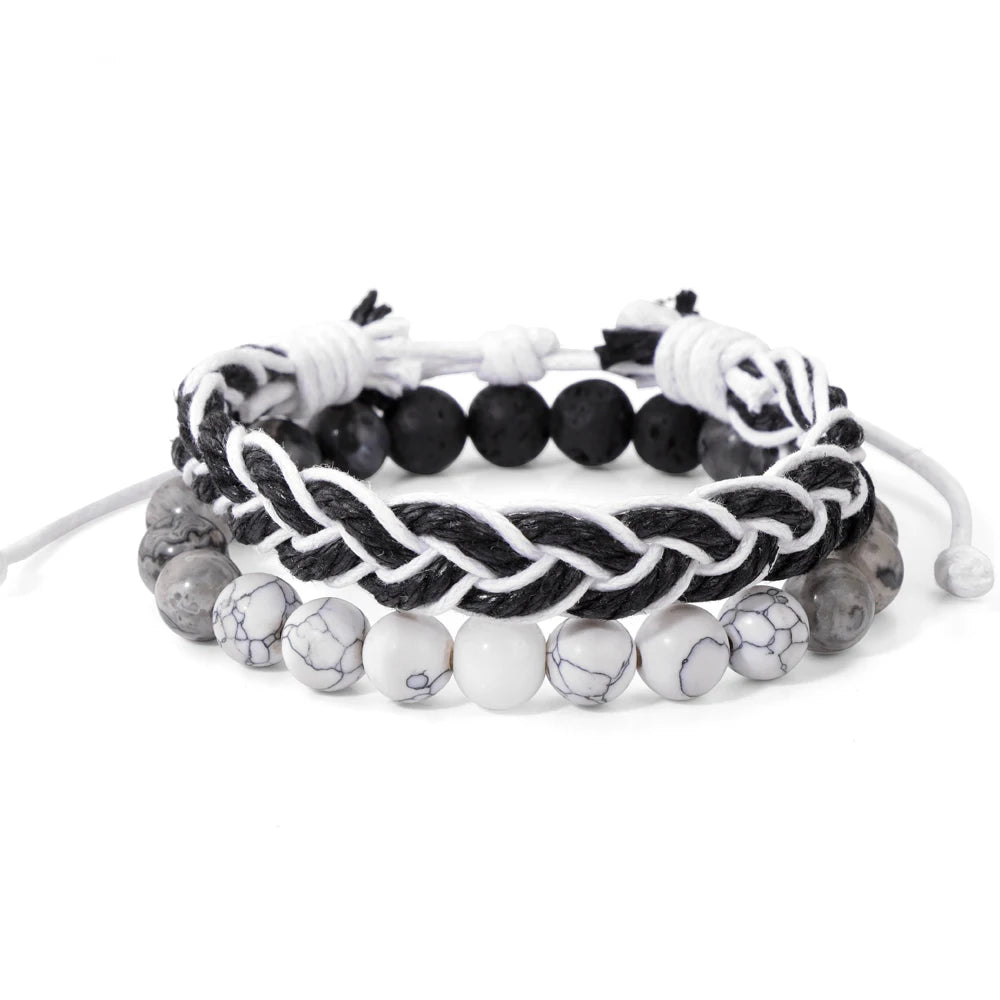 Tejesa 2pcs/set Boho Handmade Braided Rope Bracelet Natural Stone Lava Volcanic Beads Charm Bracelets Set Jewelry for Men Women Gift