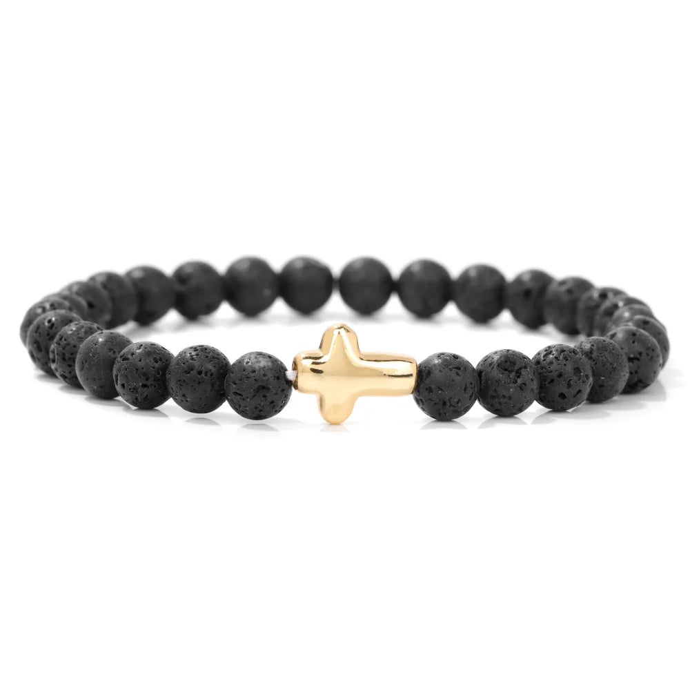 Tejesa 6mm Amethysts Bracelet Gold Color Jesus Cross Natural Stone Tiger Eye Opal African Turquoises Elastic Bracelets For Women Men