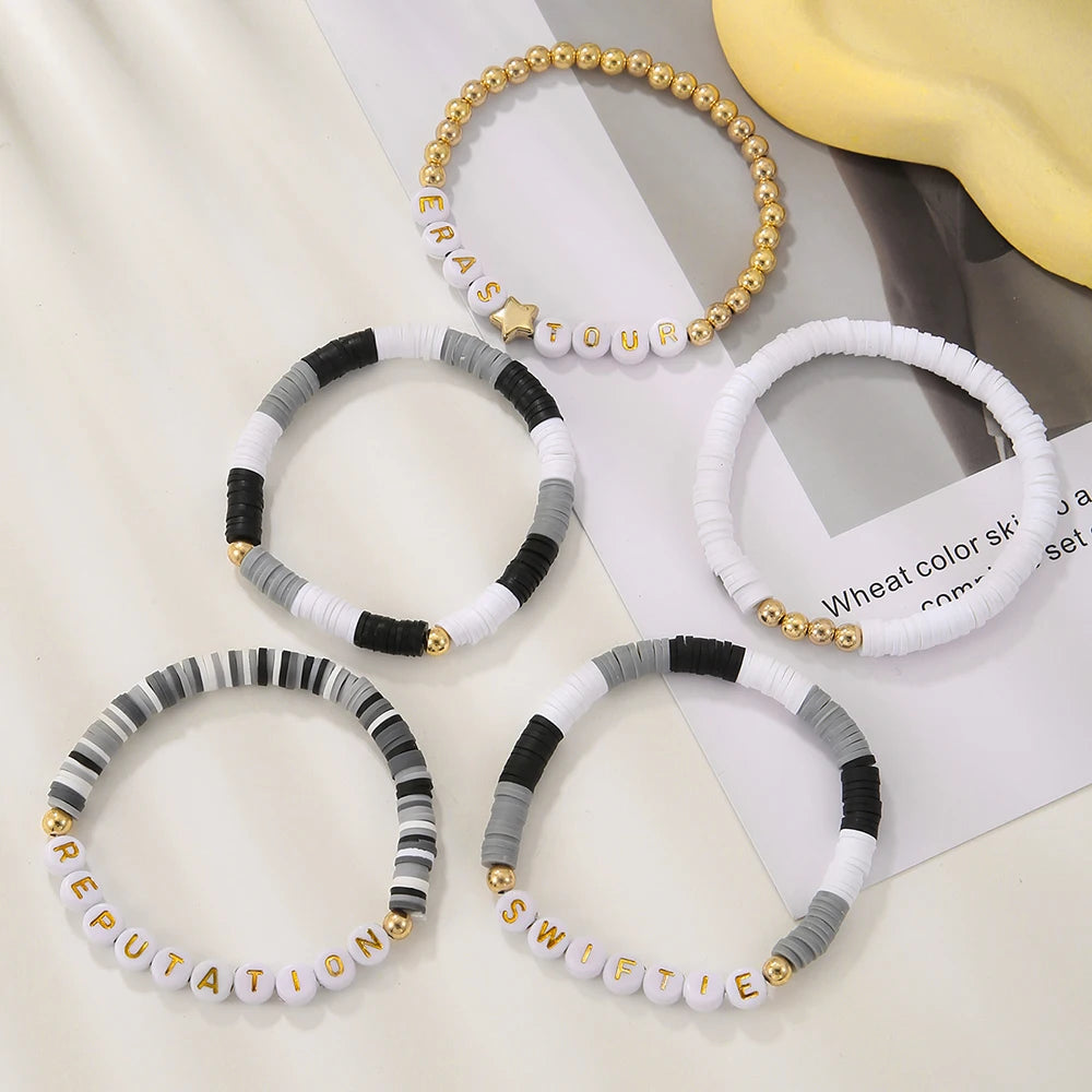 Nich Design Simple Fashion Bohemian Polymer Clay Letter Adjustable Stretch Bracelet Sets for Women Jewelry Star Lover Bracelet