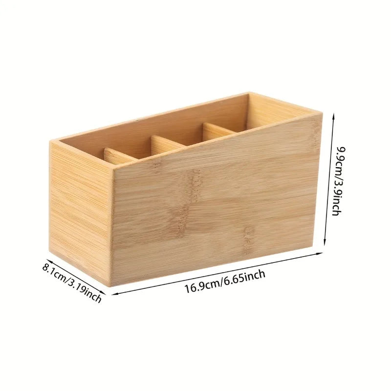 Wooden 4-Slot Remote Control Organizer Box - Desktop Storage for TV AC Remotes and Smartphones