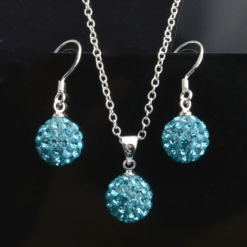 Brand Female Jewelry Set Women's Fashion Ab White Crystal 10mm Ball Drop Earrings Necklace Pendant Set Silver Color Wholesale