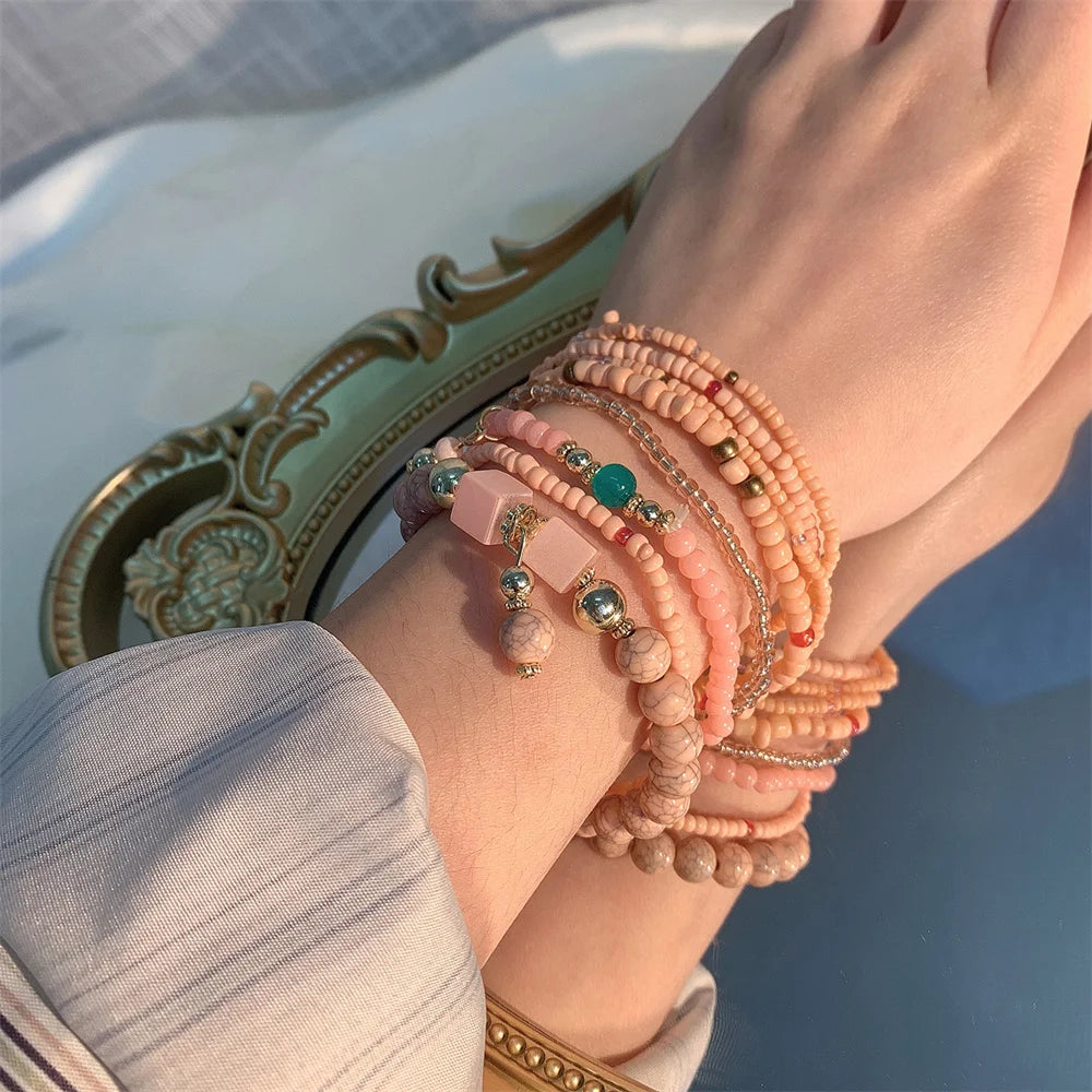 Bohemian Dopamine Colorful Beads Bracelet Set For Women Lady Handmade Elastic Multilayer Bangle Jewelry New Accessories