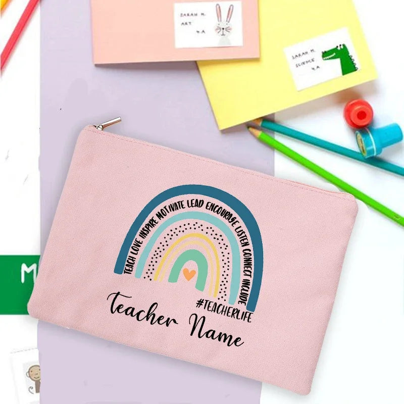 Rainbow Teacher Print Custom Name Personalized Supplies Storage Bags Travel Wash Pouch Makeup Bag Gifts Stationery Pencil Case