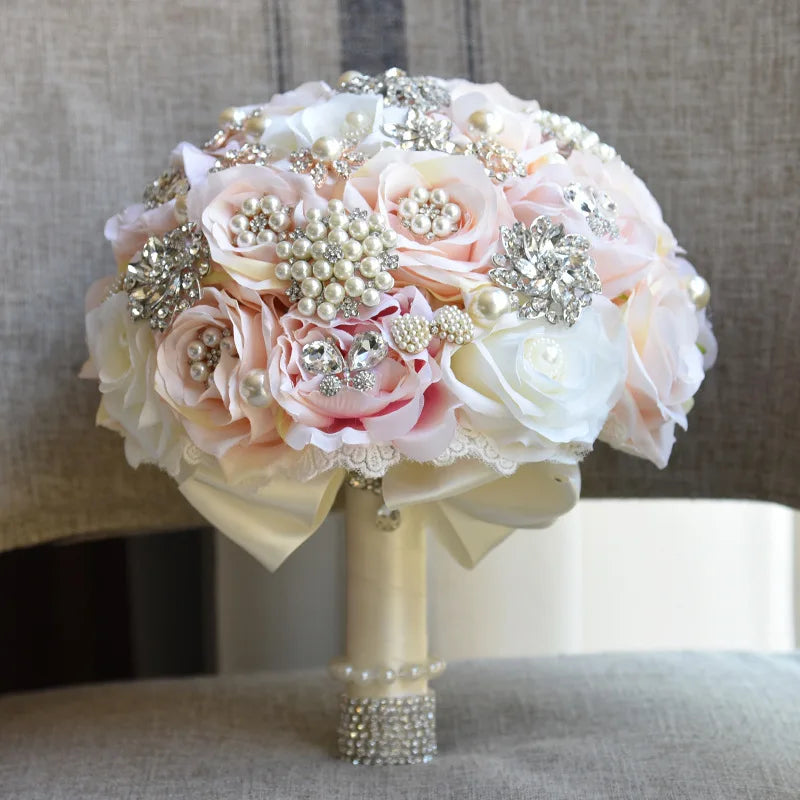 Tejesa Fancy 9.8in Bridal Wedding Bouquet with Crystal Pearl Artificial Silk Rose Flower Bouquet for Bride Wedding