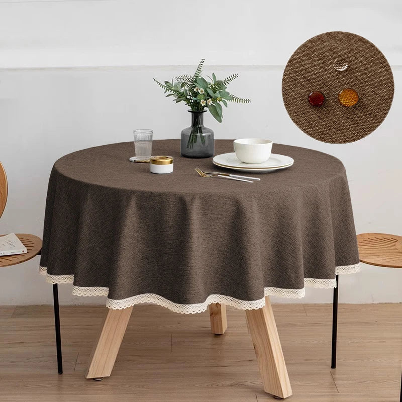 Tejesa Round Solid Color Faux Linen Tablecloth with Lace Trim-Waterproof/Spill Proof/Stain Resistant/Oil Proof-for Banquet,Parties