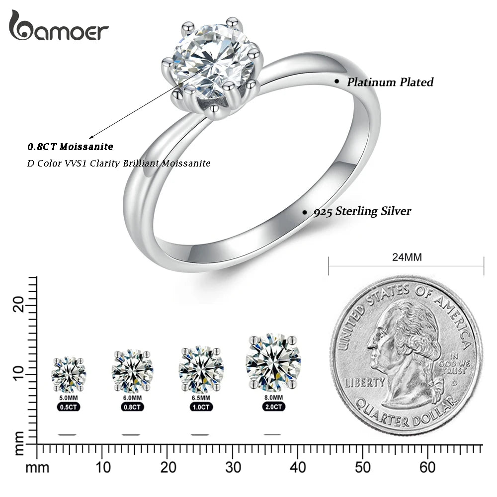 BAMOER 0.8CT Round Moissanite 14K Gold Plated Ring for Women D Color VVS1 EX Lab Diamond Engagement 925 Sterling Silver Ring